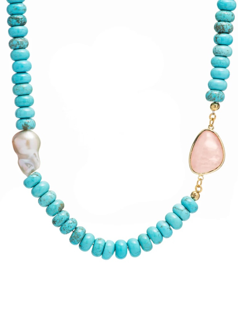 Turquoise Bead Necklace with Pink Stone and Pearl Accent - by Mayamar
